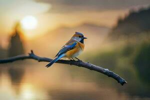 a blue bird sits on a branch in front of a lake. AI-Generated photo