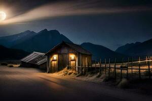 a barn and a mountain in the night. AI-Generated photo