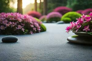 a stone path with pink flowers and rocks. AI-Generated photo