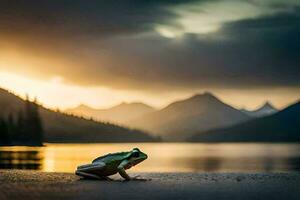 un rana se sienta en el apuntalar de un lago a puesta de sol. generado por ai foto