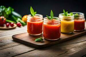 four jars of tomato juice on a wooden cutting board. AI-Generated photo