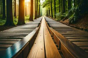 a wooden track in the middle of a forest. AI-Generated photo