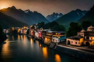 the sun sets over a river in india. AI-Generated photo