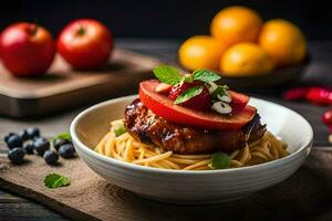 a plate with spaghetti and meat on top. AI-Generated photo