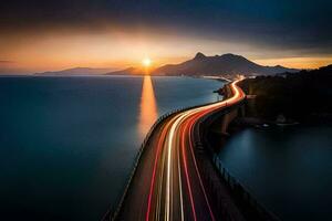 a long exposure photo of a bridge with cars driving on it. AI-Generated