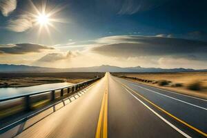 a long highway with a sun shining in the background. AI-Generated photo