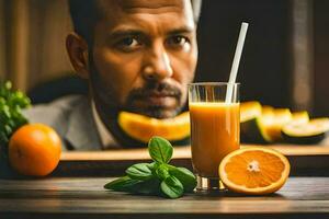 un hombre es sentado a un mesa con un naranja jugo. generado por ai foto