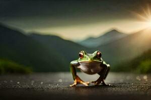 a frog is standing on the road in front of a mountain. AI-Generated photo