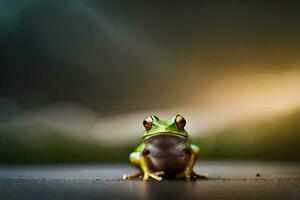 a frog sitting on the ground with a blurry background. AI-Generated photo