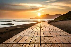 a wooden walkway leads to the ocean at sunset. AI-Generated photo