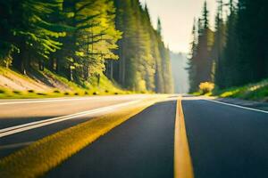 a road in the mountains with trees and yellow lines. AI-Generated photo