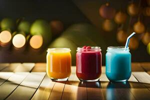 three different colored smoothies sit on a wooden table. AI-Generated photo