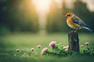 a bird is perched on a post in a field. AI-Generated photo