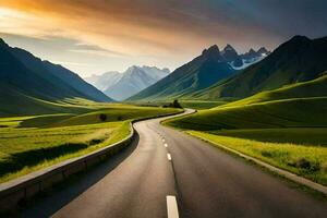 a road in the mountains with green grass and mountains. AI-Generated photo