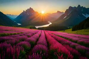 the sun rises over a field of purple flowers. AI-Generated photo