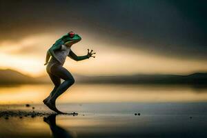 a frog is running across the water at sunset. AI-Generated photo