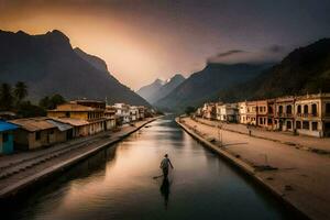 a man is standing on a boat in a river. AI-Generated photo