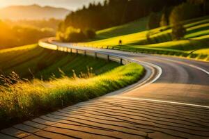 un devanado la carretera en el montañas a puesta de sol. generado por ai foto