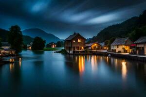 foto fondo de pantalla el cielo, noche, montañas, agua, casas, río, lago, casa,. generado por ai