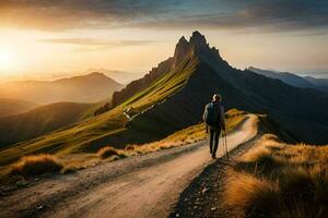 un hombre camina en un la carretera en el montañas. generado por ai foto