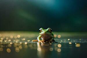 a frog sitting on the ground with a light background. AI-Generated photo