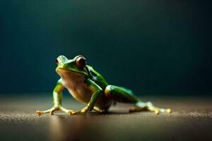 a frog is sitting on a wooden table. AI-Generated photo