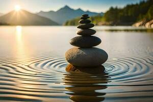 a stack of stones in the water with mountains in the background. AI-Generated photo