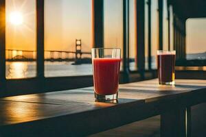 two glasses of juice on a table in front of a view of the bay. AI-Generated photo