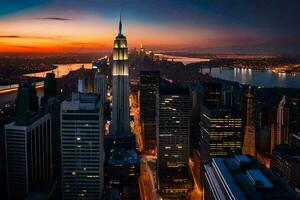 the empire state building is seen at sunset. AI-Generated photo