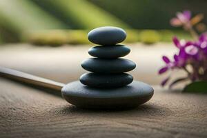 a stack of stones on a wooden table. AI-Generated photo