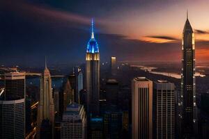 the empire state building is lit up at sunset. AI-Generated photo