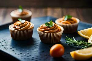 cupcakes with lemon and herbs on a black plate. AI-Generated photo