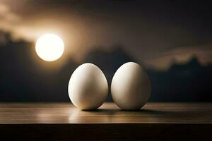 dos huevos en un mesa con un puesta de sol en el antecedentes. generado por ai foto