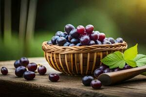 grapes in a basket on a wooden table. AI-Generated photo