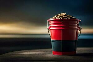 a red bucket filled with coins on a table. AI-Generated photo