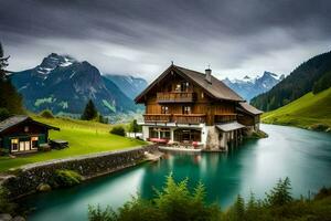 the house is surrounded by mountains and water. AI-Generated photo