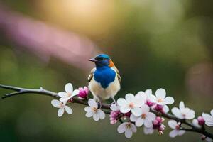a blue and white bird sits on a branch with flowers. AI-Generated photo
