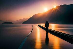 a man stands on a pier looking at the sun setting over the water. AI-Generated photo