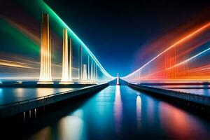 un puente con luces y largo exposición. generado por ai foto