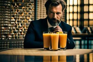 un hombre en un traje sentado a un mesa con Tres lentes de naranja jugo. generado por ai foto