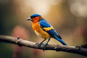 a colorful bird sits on a branch. AI-Generated photo