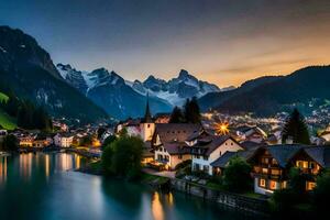 photo wallpaper the sky, mountains, lake, town, house, house, house, house,. AI-Generated