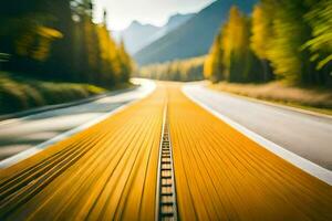 un borroso imagen de un la carretera con amarillo líneas. generado por ai foto