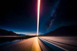 a long exposure photo of a road with a light beam coming from it. AI-Generated