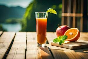 a glass of orange juice with an apple and mint. AI-Generated photo