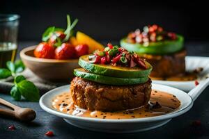two plates with food on them, one with avocado and the other with tomatoes. AI-Generated photo