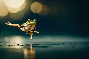 a frog jumping in the air on a wet surface. AI-Generated photo