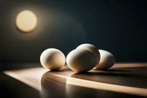 cuatro huevos en un mesa en frente de un ligero. generado por ai foto