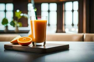 a glass of orange juice on a wooden table. AI-Generated photo