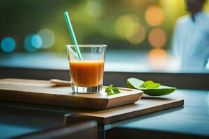 a glass of orange juice with a straw on a wooden tray. AI-Generated photo